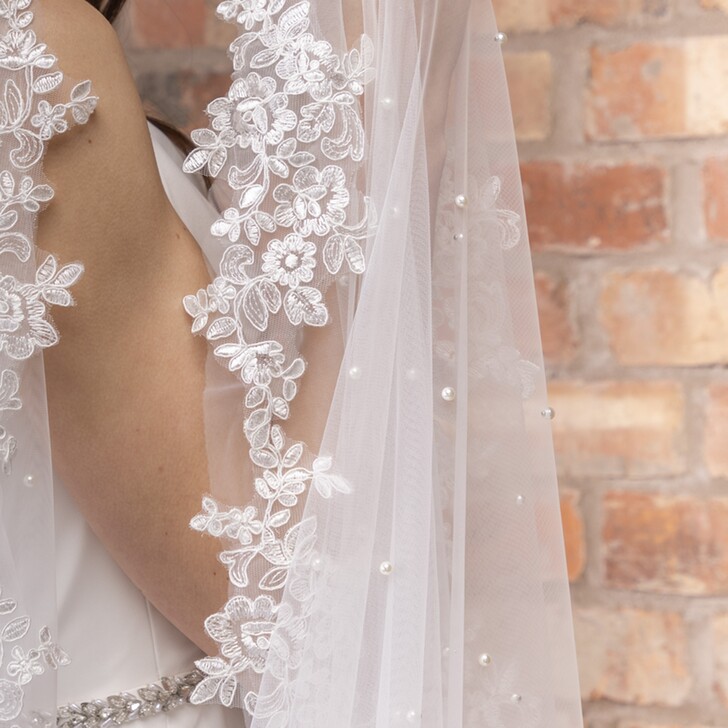 Perfect Bridal Ivory Lace and Pearl Cowl Drape Back Cathedral Veil