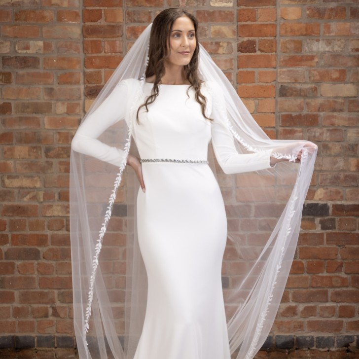 Perfect Bridal Ivory Single Tier Cathedral Veil with Lace Leaf Embroidery