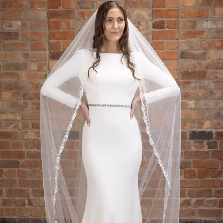 Perfect Bridal Ivory Single Tier Cathedral Veil with Lace Leaf Embroidery
