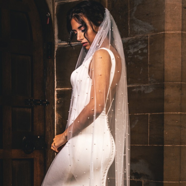 Perfect Bridal Ivory Single Tier Cut Edge Scattered Pearl Veil