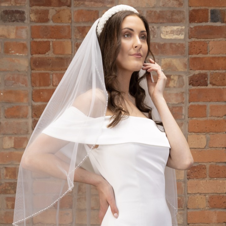 Perfect Bridal Ivory Single Tier Pearl and Crystal Edge Fingertip Veil