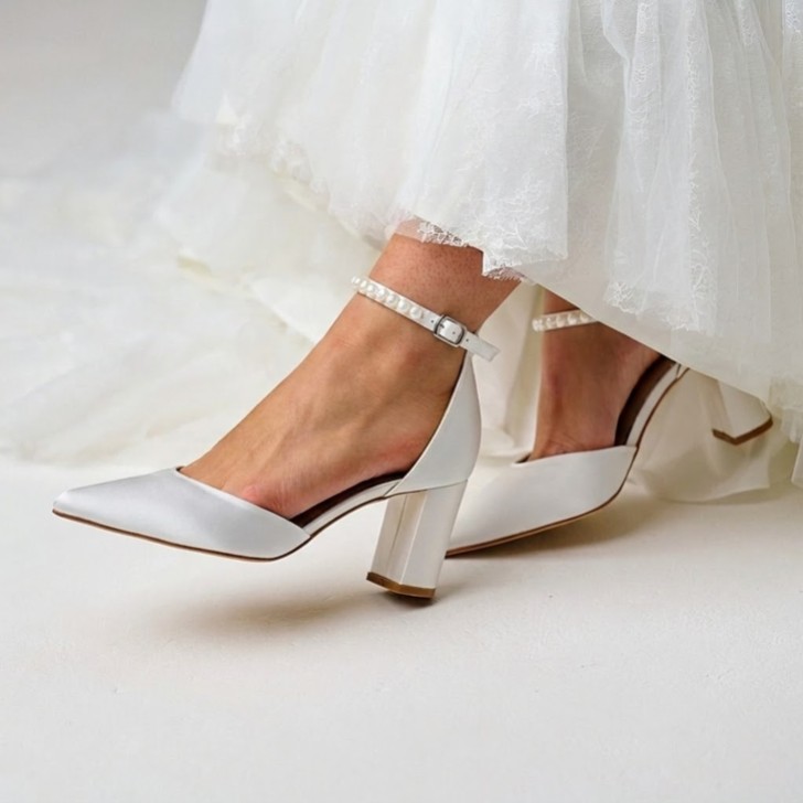 Perfect Bridal Liberty Ivory Satin Block Heel Keshi Pearl Ankle Strap Court Shoes (ST10)
