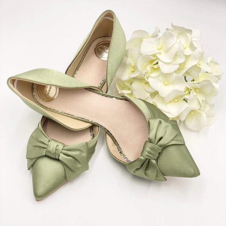 Perfect Bridal Margo Olive Green Satin Mid Heel Bow Court Shoes