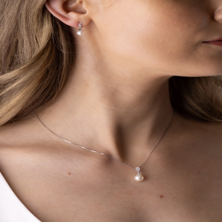 Perfect Bridal Melbourne Sterling Silver with Natural Pearl Earring & Necklace Set