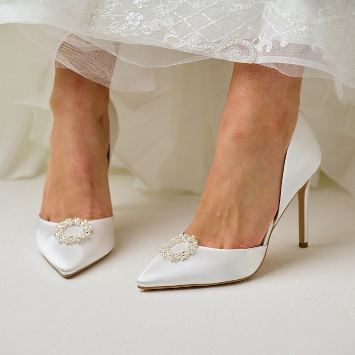 Perfect Bridal Pippa Dyeable Ivory Satin Pearl Brooch High Heel Court Shoes