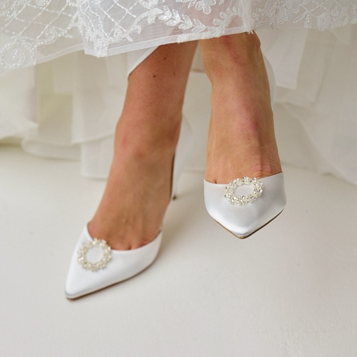 Perfect Bridal Pippa Dyeable Ivory Satin Pearl Brooch High Heel Court Shoes