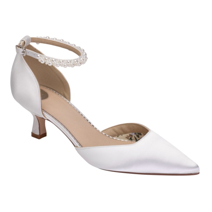 Perfect Bridal Pixie Dyeable Ivory Satin Pearl Ankle Strap Kitten Heels