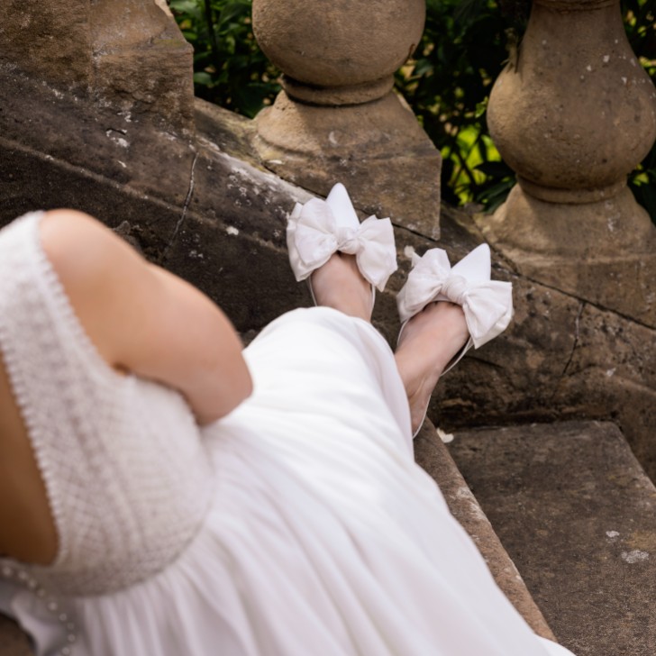 Perfect Bridal Priya Ivory Satin Kitten Heel Mules with Oversized Bow