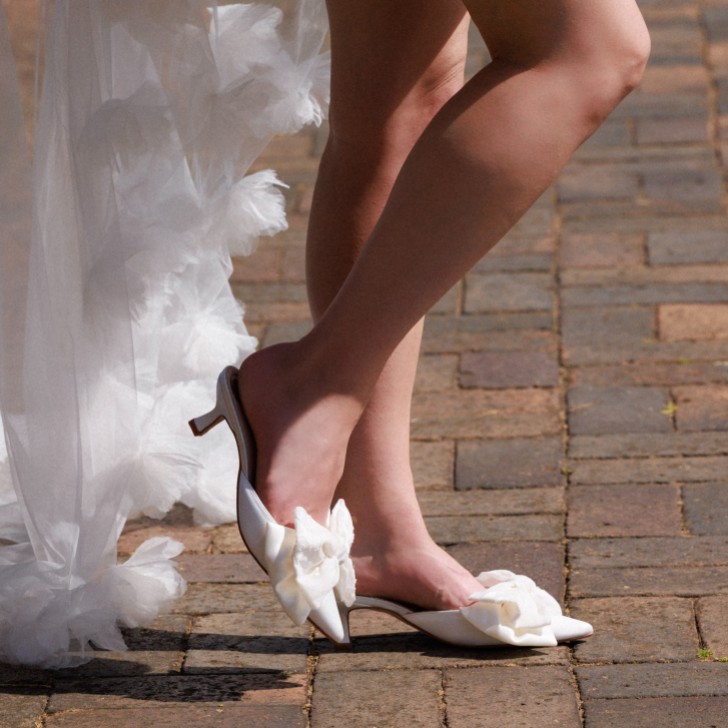 Perfect Bridal Priya Ivory Satin Kitten Heel Mules with Oversized Bow