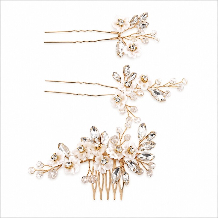 Perfect Bridal Lot de 3 fleurs en céramique ivoire avec peigne et épingles à cheveux ornés de cristaux