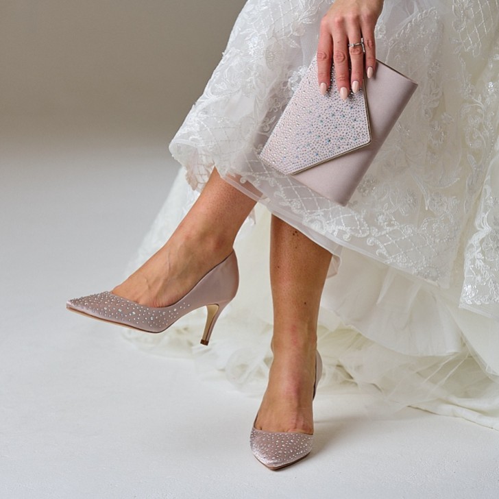 Perfect Bridal Sienna Taupe Satin Crystal Open Waist Pointed Courts