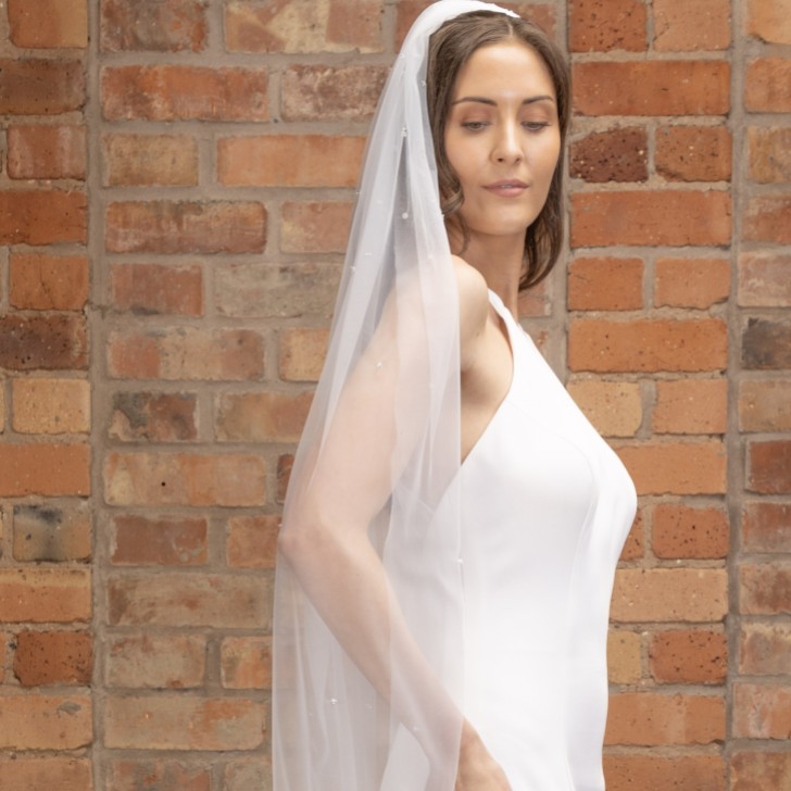 Perfect Bridal Velo avorio a un piano con bordo tagliato e cristalli sparsi, lunghezza valzer