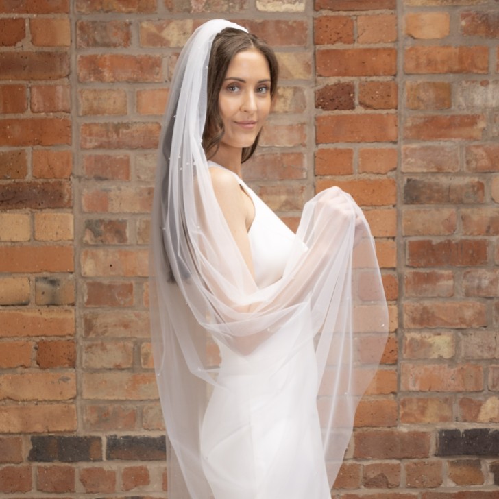 Perfect Bridal Velo avorio a un piano con bordo tagliato e cristalli sparsi, lunghezza valzer