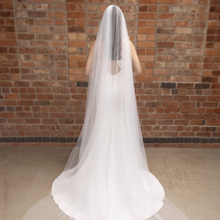 Perfect Bridal Elfenbeinfarbener einstufiger Kathedralenschleier mit verstreutem Kristall am Rand