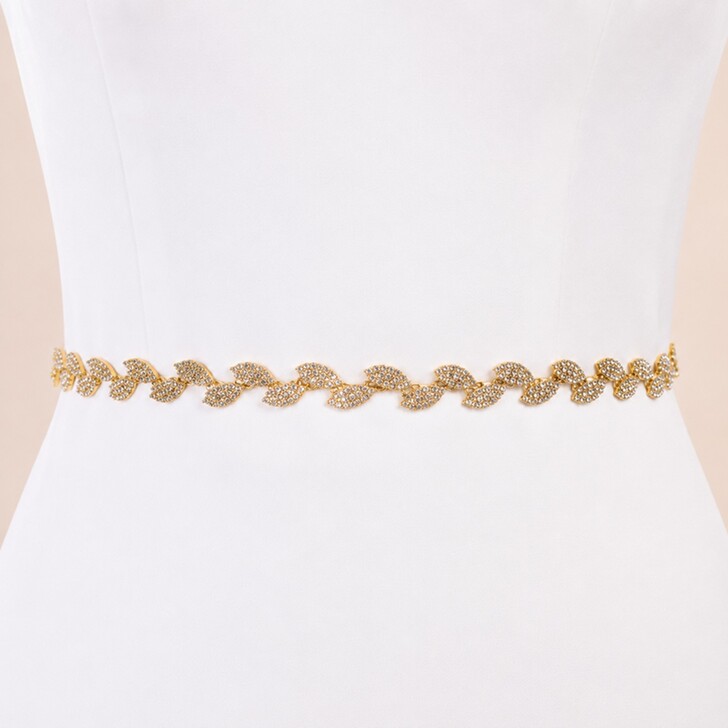 Perfect Bridal Slim Delicate Rhinestone Gold Leaf Bridal Belt