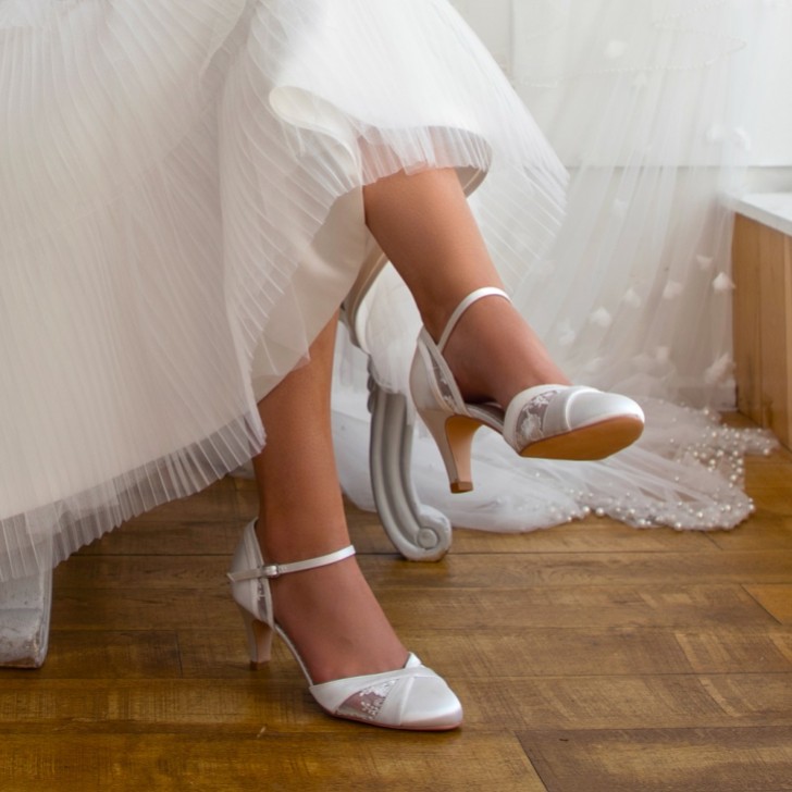 Perfect Bridal Susie Dyeable Ivory Satin and Lace Ankle Strap Wedding Shoes