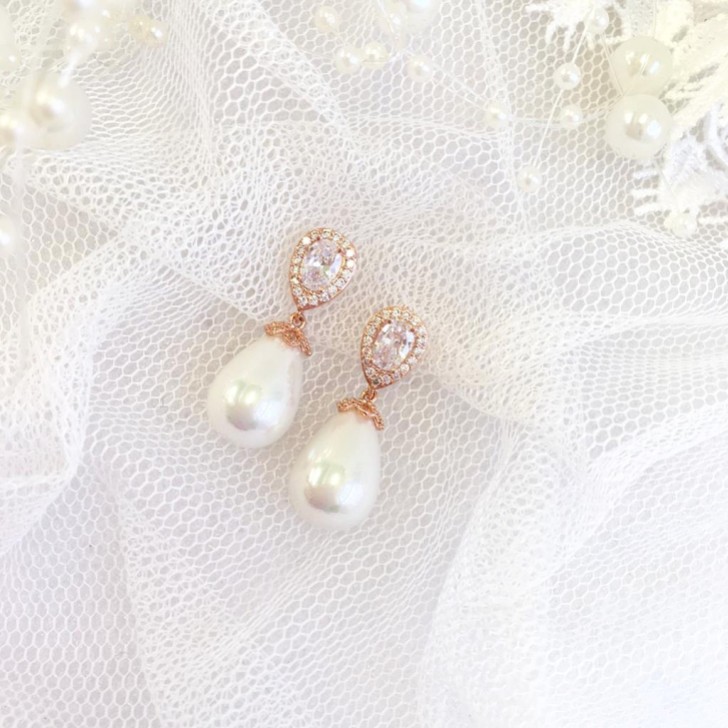 Paloma Teardrop Pearl Wedding Earrings (Rose Gold)