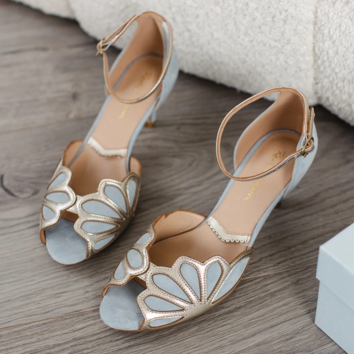 Rachel Simpson Isadora Dusky Blue Suede Low Heel Ankle Strap Sandals