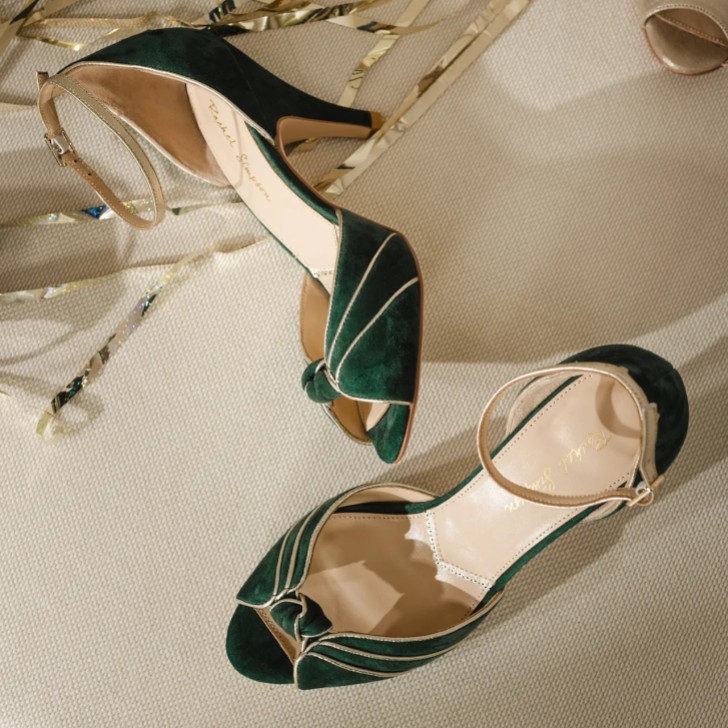 Rachel Simpson Olivia Forest Green Suede Knot Peep Toe Heeled Sandals