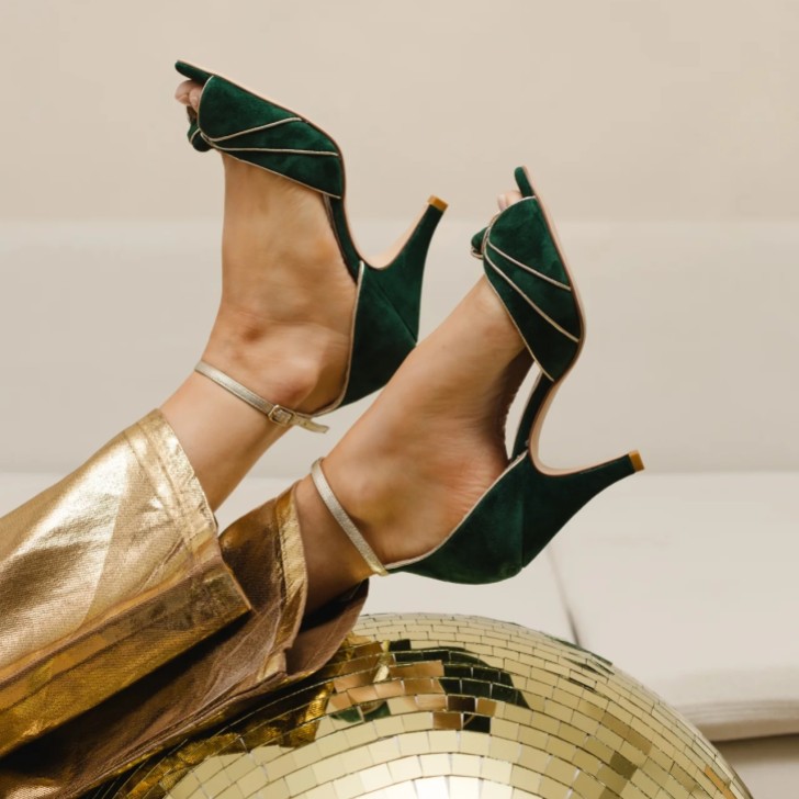 Rachel Simpson Olivia Forest Green Suede Knot Peep Toe Heeled Sandals