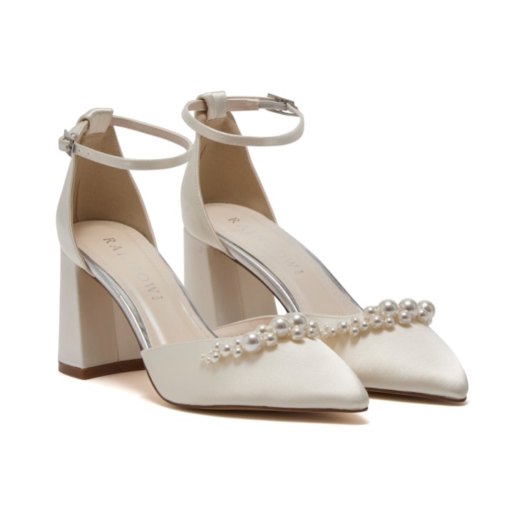 Rainbow Club Aurelia Dyeable Ivory Satin Pearl Flared Block Heels