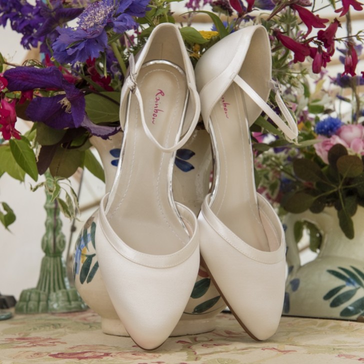 Rainbow Club Brianna Dyeable Ivory Satin Ankle Strap Court Shoes