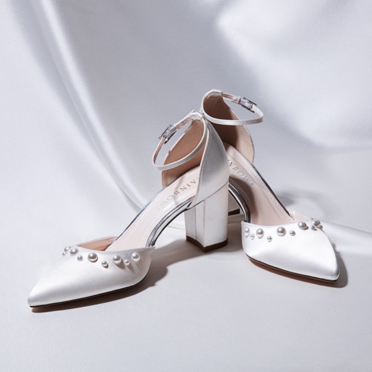 Rainbow Club Maya Mid Dyeable Ivory Satin Wide Fit Pearl Block Heels