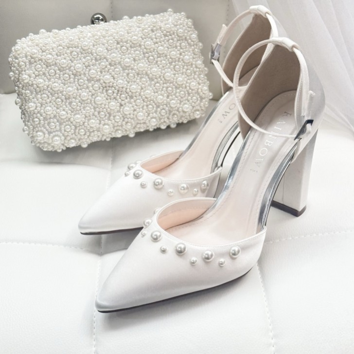 Rainbow Club Maya Dyeable Ivory Satin Pearl Block Heel Ankle Strap Court Shoes