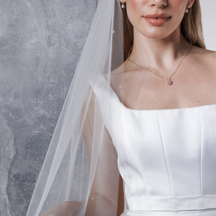 Rainbow Club Starfire Ivory Raw Edge Chapel Length Veil with Crystals