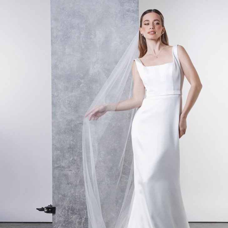 Rainbow Club Starfire Ivory Raw Edge Chapel Length Veil with Crystals