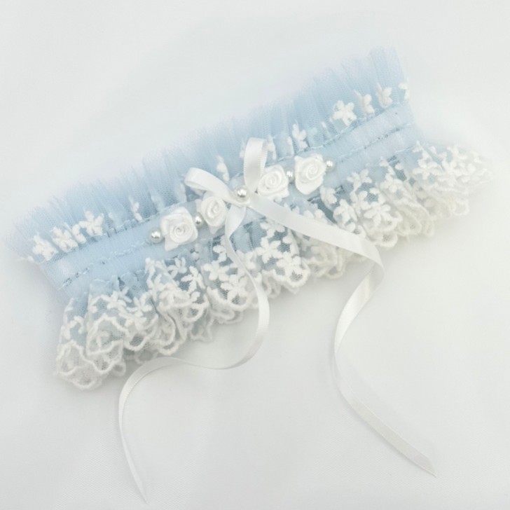 Rhapsody Blaue Spitze und Elfenbein Tüll Vintage Strumpfband mit Rose Detail