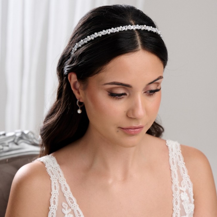 Rochelle Silver Narrow Crystal and Pearl Headband