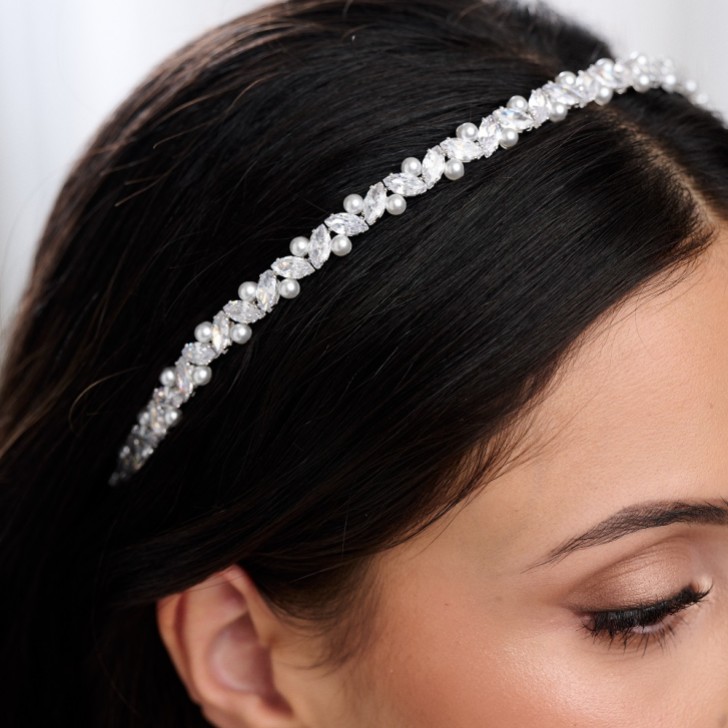 Rochelle Silver Narrow Crystal and Pearl Headband