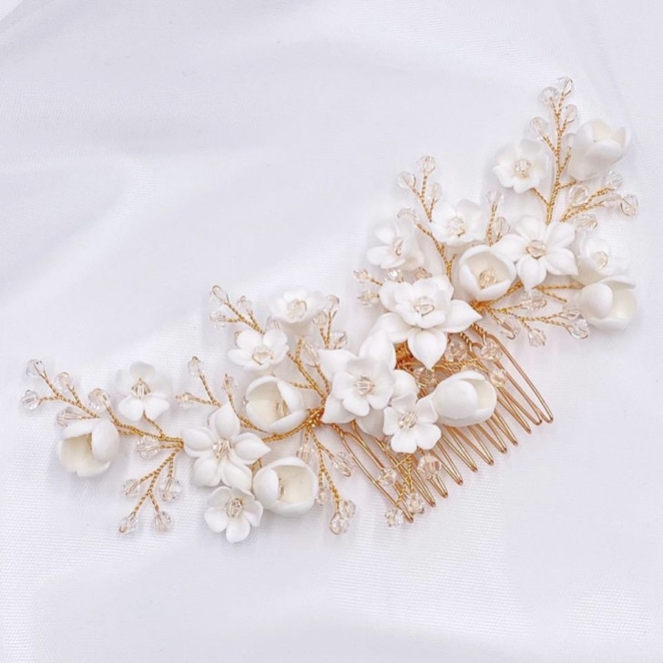 Rosewood Porcelain Flowers and Crystal Hair Comb (Gold)