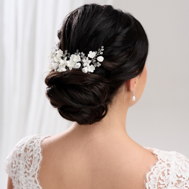 Rosewood Porcelain Flowers and Crystal Hair Comb (Silver)