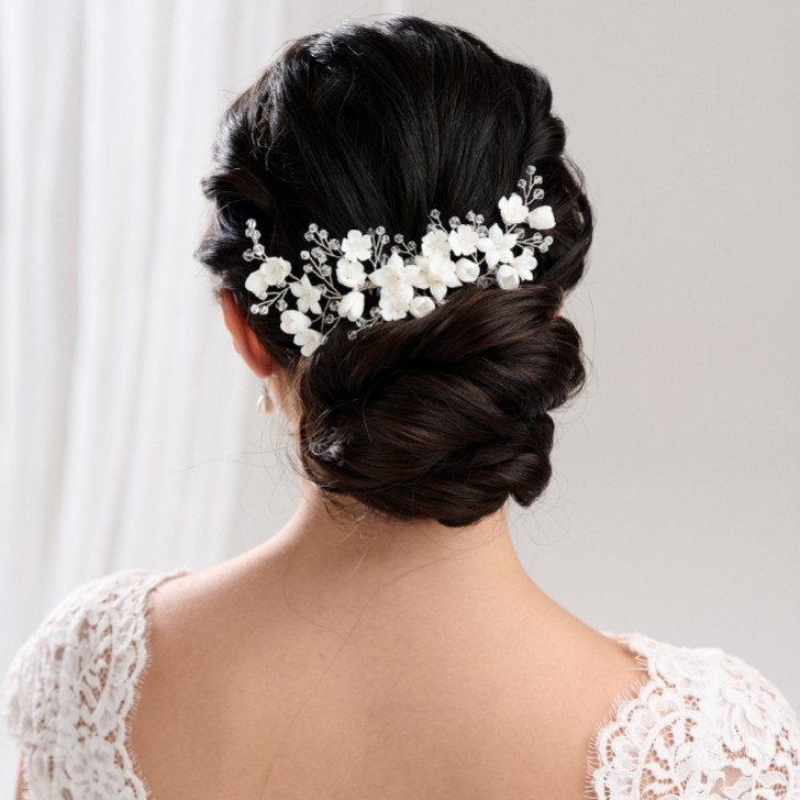 Rosewood Porcelain Flowers and Crystal Hair Comb (Silver)