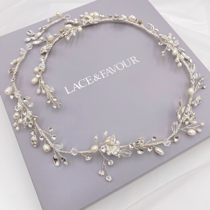 Roxanne Long Freshwater Pearl and Crystal Silver Hair Vine