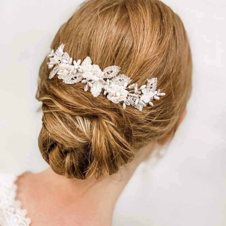 Sabrina Beaded Leaves and Opal Crystal Blush Flowers Hair Comb