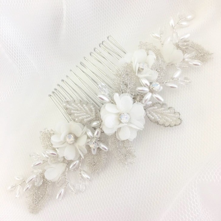 Sabrina Beaded Leaves and Opal Crystal Ivory Flowers Hair Comb