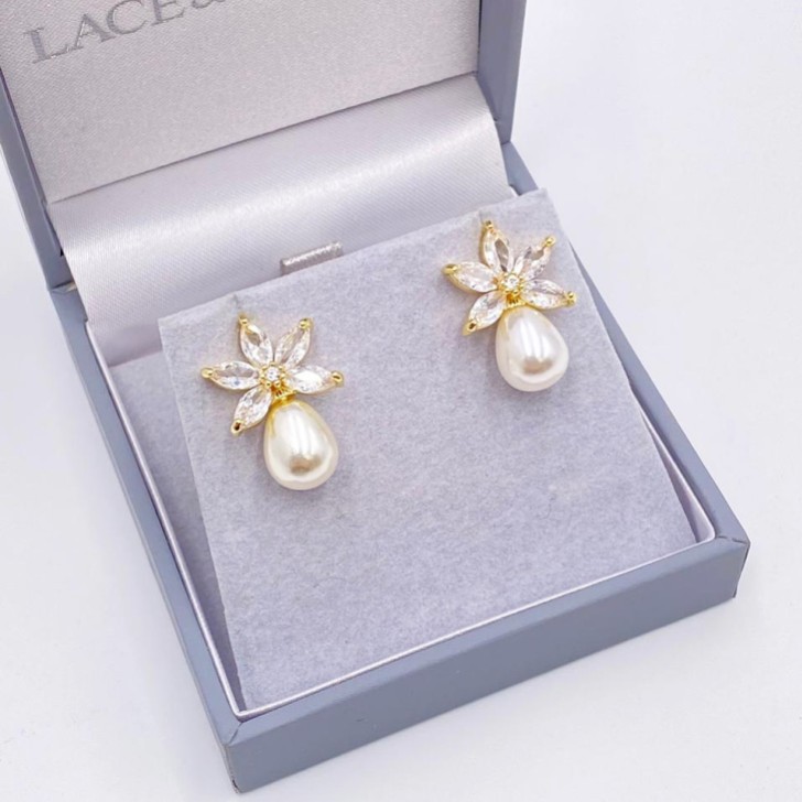 Sahara Gold Crystal Leaves and Teardrop Pearl Earrings