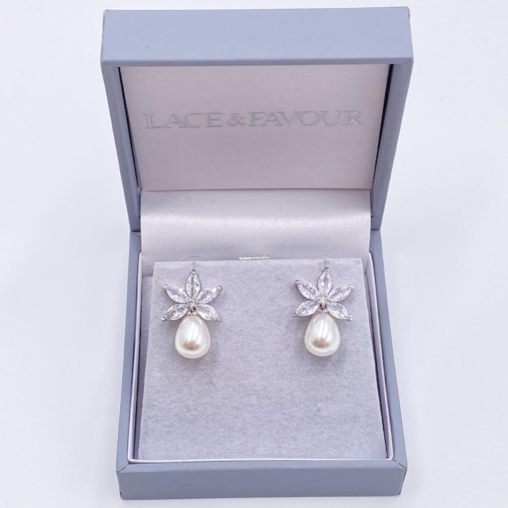 Sahara Silver Crystal Leaves and Teardrop Pearl Earrings