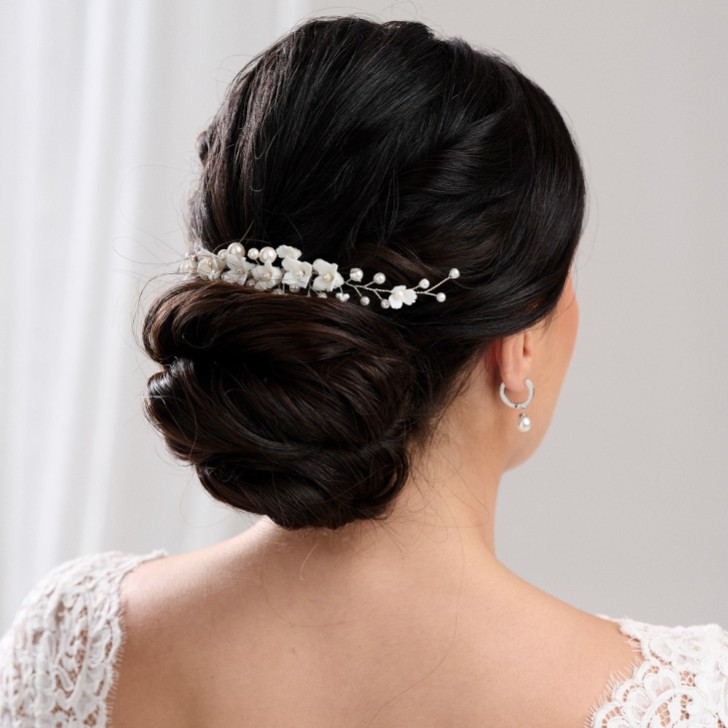 Skye Porcelain Flowers and Pearl Bridal Hair Comb (Silver)