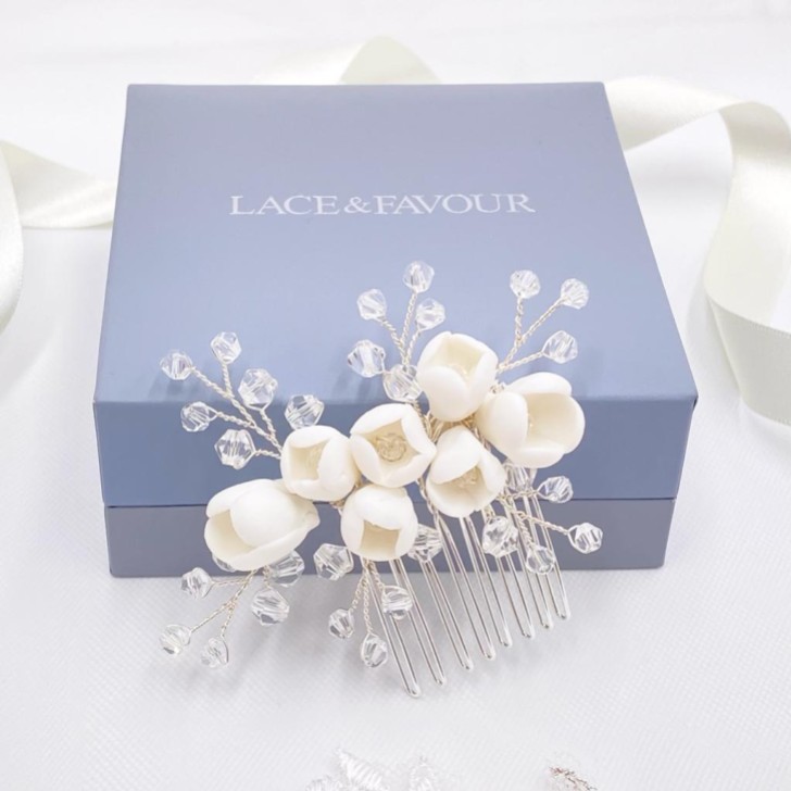 Snowdrop Porcelain Flowers and Crystal Mini Hair Comb