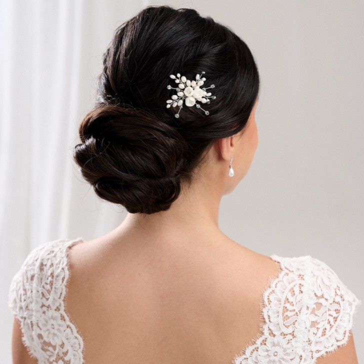 Snowdrop Porcelain Flowers and Freshwater Pearl Hair Pin (Silver)