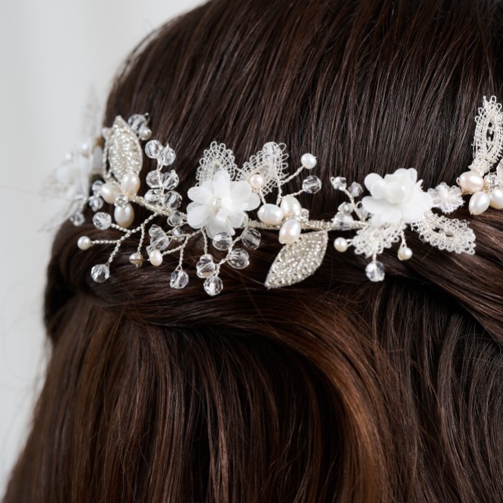 Tabitha Silver Leaves and Ivory Flowers Pearl Hair Vine