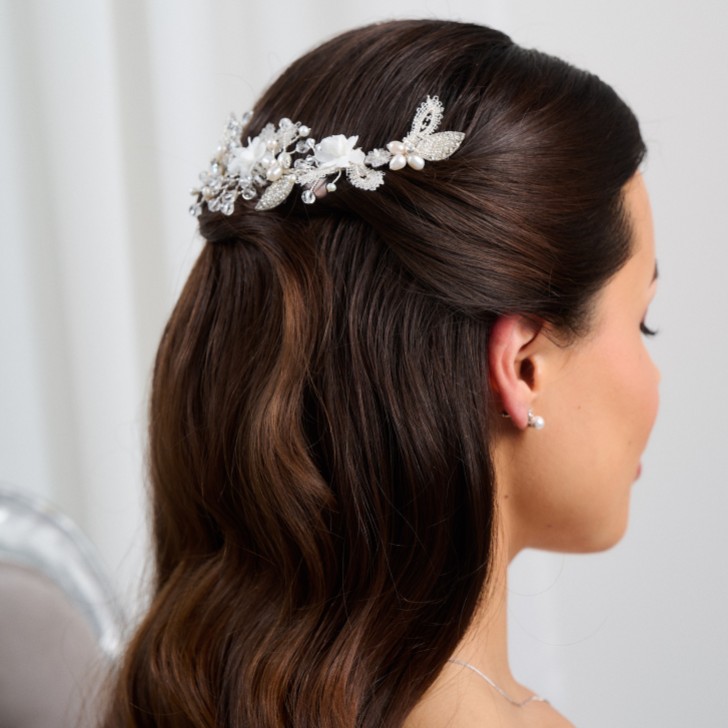 Tabitha Silver Leaves and Ivory Flowers Pearl Hair Vine