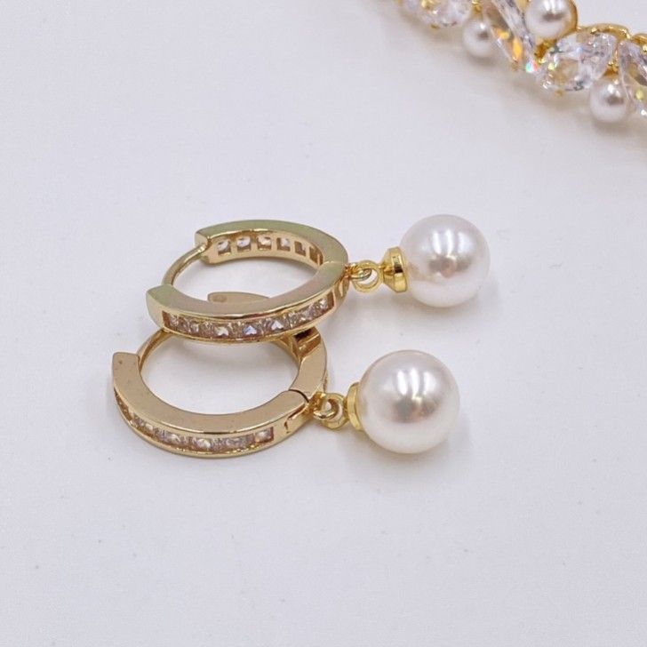 Tahiti Gold Pearl Drop Crystal Huggie Hoop Earrings