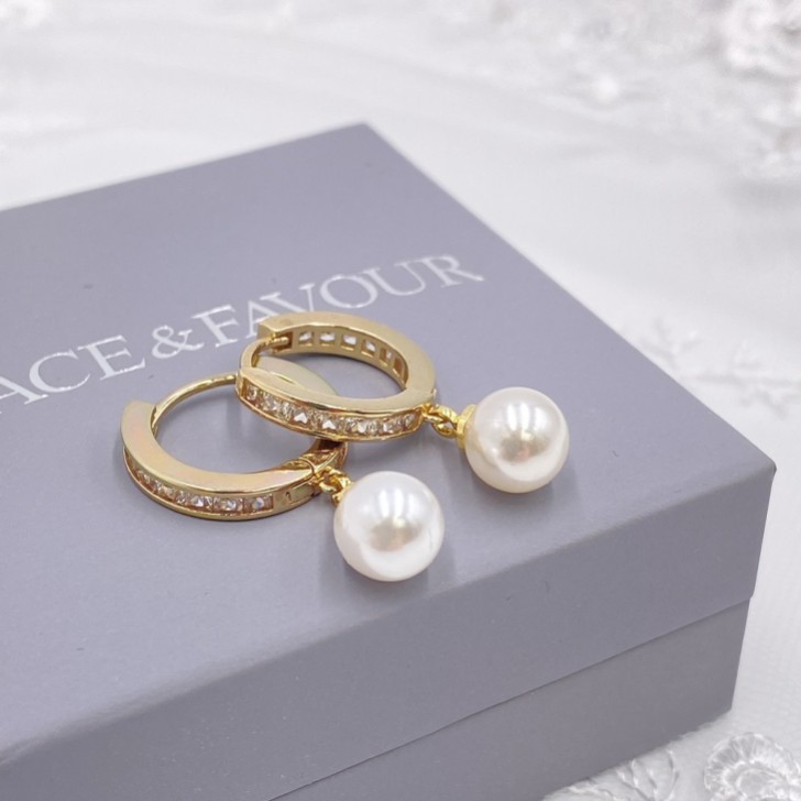 Tahiti Gold Pearl Drop Crystal Huggie Hoop Earrings
