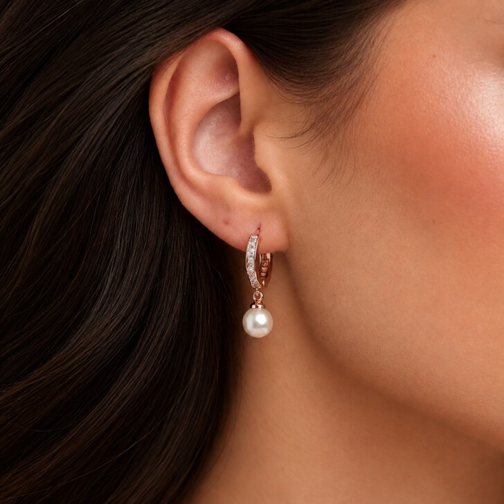 Pendientes de aro tipo «huggie» con perlas y cristales en color oro rosa de Tahití