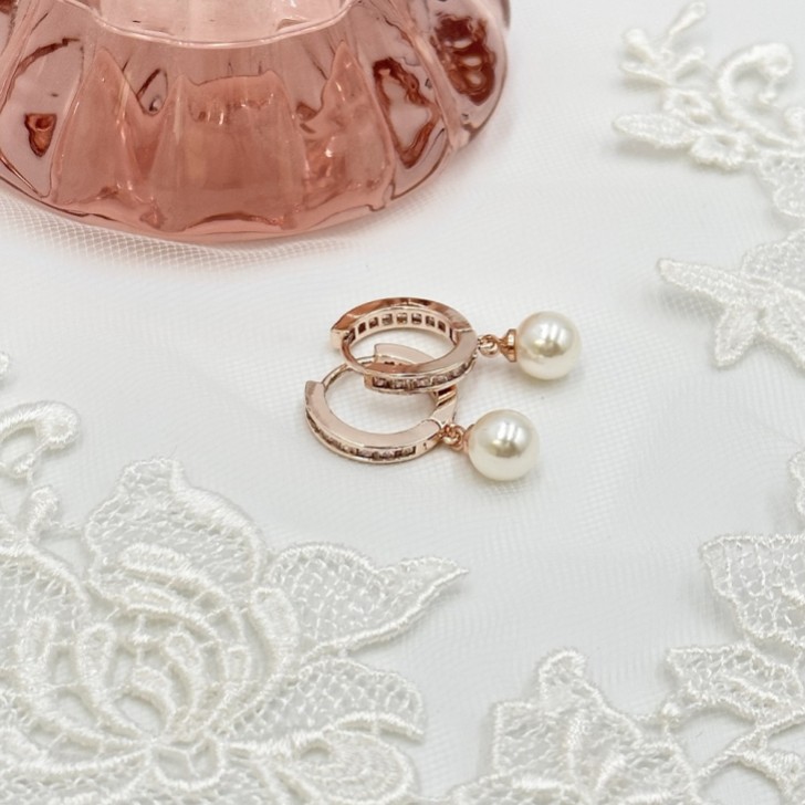 Tahiti Rose Gold Pearl Drop Crystal Huggie Hoop Earrings